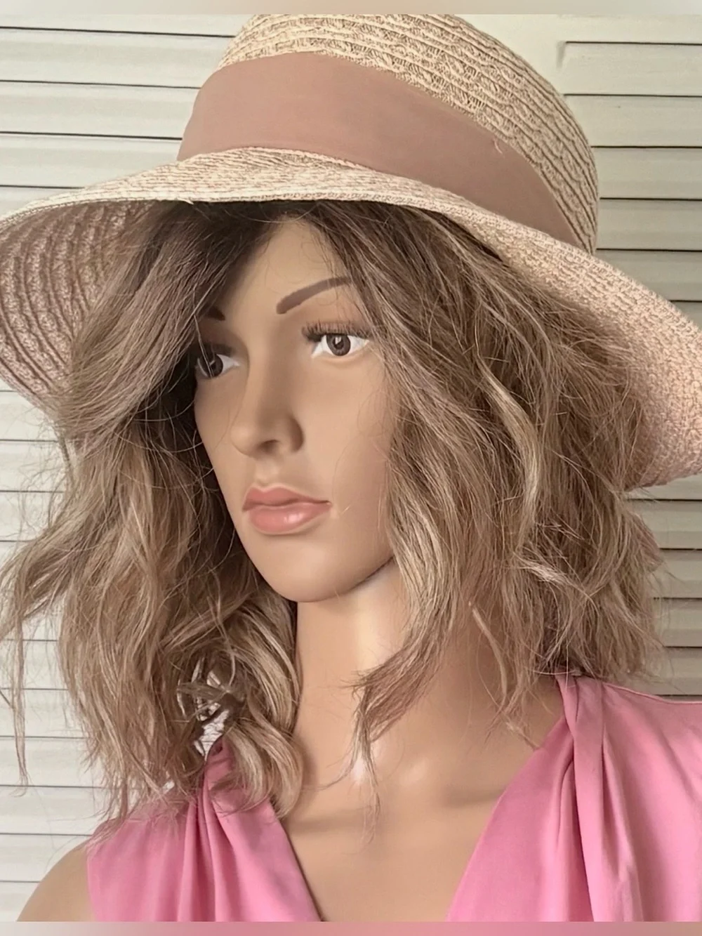 Nine West Light Pink Straw Sun Hat with Taupe Band One Size